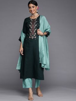 Varanga - Green Round Neck Kurta with Trouser and Dupatta (Set of 3)
