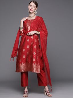 Varanga - Red Round Neck Kurta with Trouser and Dupatta (Set of 3)