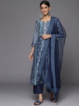 Varanga - Blue Round Neck Kurta with Trouser and Dupatta (Set of 3)