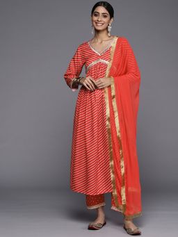 Varanga - Red V-Neck Kurta with Trouser and Dupatta (Set of 3)