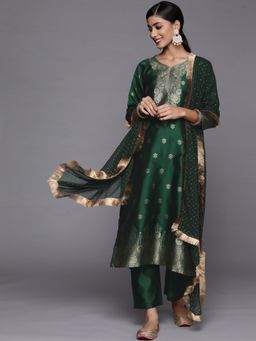 Varanga - Green V-Neck Kurta with Trouser and Dupatta (Set of 3)