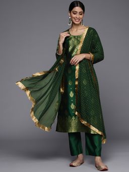 Varanga - Green Round Neck Kurta with Trouser and Dupatta (Set of 3)