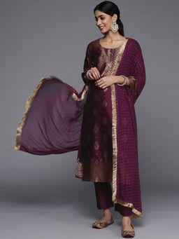 Varanga - Purple Round Neck Kurta with Trouser and Dupatta (Set of 3)