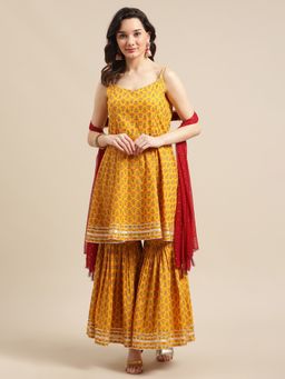 Varanga - Yellow Shoulder Straps Kurta with Sharara and Dupatta (Set of 3)