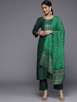 Varanga - Green Round Neck Kurta with Trouser and Dupatta (Set of 3)