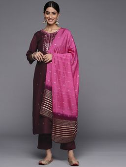 Varanga - Burgundy Round Neck Kurta with Trouser and Dupatta (Set of 3)