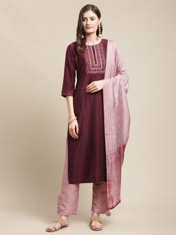 Varanga - Purple Round Neck Kurta with Trouser and Dupatta (Set of 3)