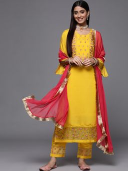 Varanga - Yellow Round Neck Kurta with Trouser and Dupatta (Set of 3)