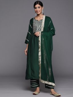 Varanga - Green Round Neck Kurta with Trouser and Dupatta (Set of 3)