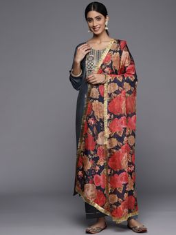 Varanga - Grey Round Neck Kurta with Trouser and Dupatta (Set of 3)