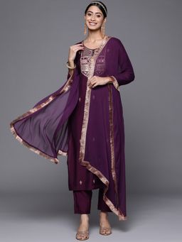 Varanga - Purple Round Neck Kurta with Trouser and Dupatta (Set of 3)