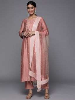 Varanga - Pink Round Neck Kurta with Trouser and Dupatta (Set of 3)