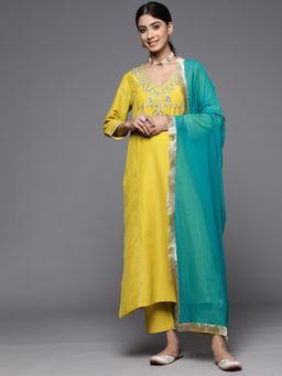 Varanga - Yellow V-Neck Kurta with Trouser and Dupatta (Set of 3)