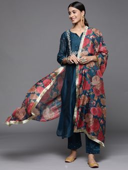 Varanga - Blue Round Neck Kurta with Trouser and Dupatta (Set of 3)