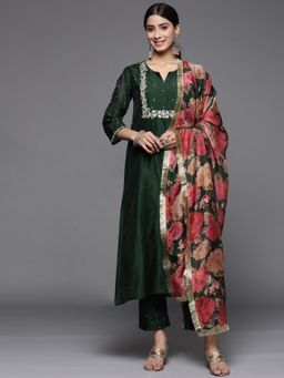 Varanga - Green Round Neck Kurta with Trouser and Dupatta (Set of 3)