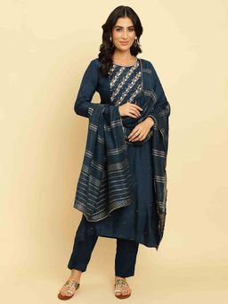 Varanga - Blue Round Neck Kurta with Trouser and Dupatta (Set of 3)