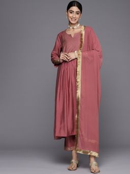 Varanga - Pink Round Neck Anarkali Kurta with Trouser and Dupatta (Set of 3)
