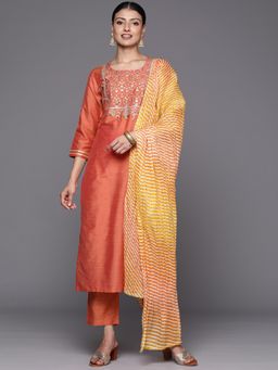 Varanga - Coral Round Neck Kurta with Trouser and Dupatta (Set of 3)