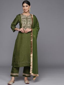 Varanga - Olive Round Neck Kurta with Trouser and Dupatta (Set of 3)