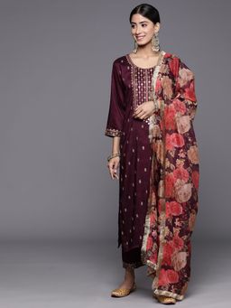 Varanga - Purple Round Neck Kurta with Trouser and Dupatta (Set of 3)