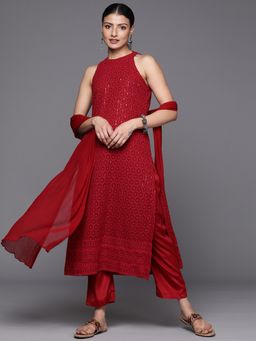 Varanga - Maroon Halter Neck Kurta with Trouser and Dupatta (Set of 3)