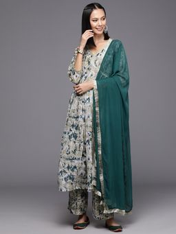 Varanga - Green V-Neck Kurta with Trouser and Dupatta (Set of 3)