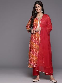 Varanga - Red Round Neck Kurta with Trouser and Dupatta (Set of 3)