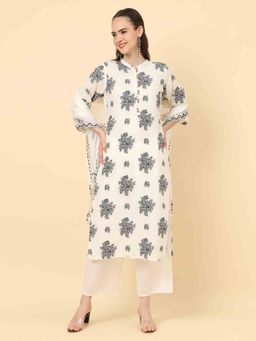 Varanga - White Mandarin Neck Kurta with Trouser and Dupatta (Set of 3)