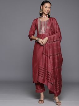 Varanga - Rust Round Neck Kurta with Trouser and Dupatta (Set of 3)
