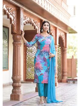 Varanga - Turquoise Round Neck Kurta with Trouser and Dupatta (Set of 3)