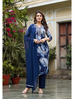 Varanga - Blue V-Neck Kurta with Trouser and Dupatta (Set of 3)