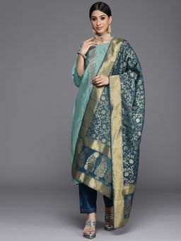 Varanga - Turquoise Round Neck Kurta with Trouser and Dupatta (Set of 3)