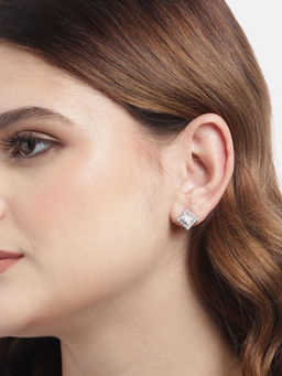 Carlton London - Silver Plated CZ & Pearl Square Stud Earring for Women