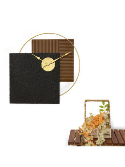 ARTYPILLAR - 24In Square Wooden Groove and Coral Pattern Work and Golden Ring Wall Clock