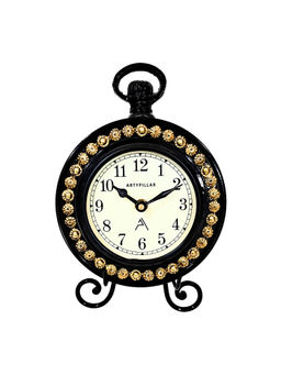 ARTYPILLAR - Wooden Frame with Brass Motif Work and Iron Stand with 4In Dome Glass Dial Table Clock