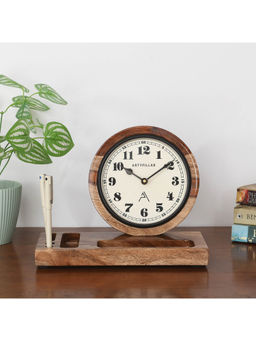 ARTYPILLAR - Wide Sheesham Wood Desk Organizer with Pen Stand and 6In Dome Glass Dial Table Clock