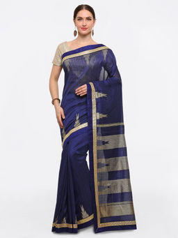 Stylee LIFESTYLE - Navy Blue Handloom Silk Printed Saree
