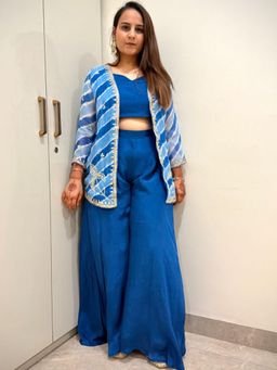 HOUSE OF JAMOTI - Blue Luxe Leheriya Top with Palazzo and Jacket