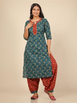 ARAMYA - Women Turquoise Soft Cotton Straight Floral Print Kurta with Salwar
