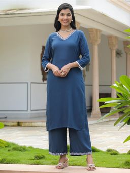 ARAMYA - Women Blue Rayon Straight Solid Kurta with Palazzo