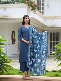 ARAMYA - Women Blue Rayon Straight Solid Kurta with Palazzo and Dupatta