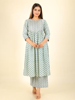 ARAMYA - Women White Soft Cotton A-Line Block Print Kurta with Palazzo