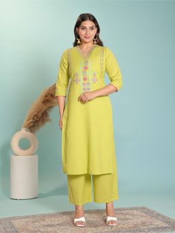 ARAMYA - Women Yellow Linen Cotton Straight Embroidered Kurta with Palazzo
