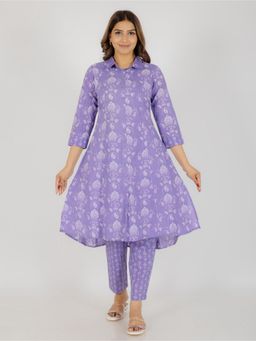 ARAMYA - Women Purple Soft Cotton High Low Floral Print Kurta with Pant