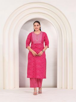 ARAMYA - Women Pink Soft Cotton Straight Bandhani Print Kurta with Pant
