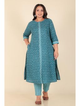 ARAMYA - Women Blue Soft Cotton A-Line Block Print Kurta with Pant