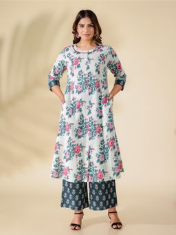 ARAMYA - Women Cream Kantha Cotton A-Line Floral Print Kurta with Palazzo