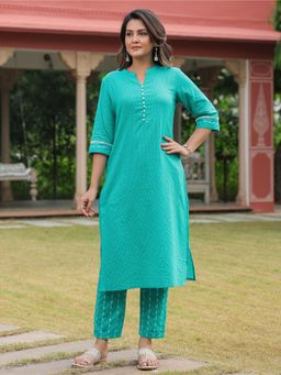 ARAMYA - Women Turquoise Kantha Cotton Straight Woven Design Print Kurta with Pant