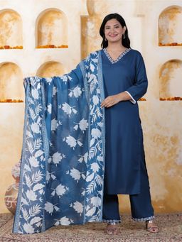 ARAMYA - Women Blue Soft Cotton Straight Solid Kurta with Palazzo and Dupatta