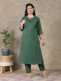ARAMYA - Women Green Soft Cotton Angrakha Solid Kurta with Pant